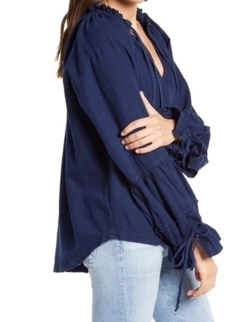 Free People Tie Neck Top Navy Long-Sleeve Ruffle Peasant Size Medium - Picture 2 of 7